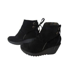 Fly London Yama Back Suede Wedge Ankle Lace Up Booties Size 37